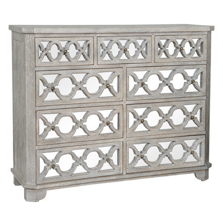 Lattice Whitewash Wood Mirrored 9 Drawer Dresser