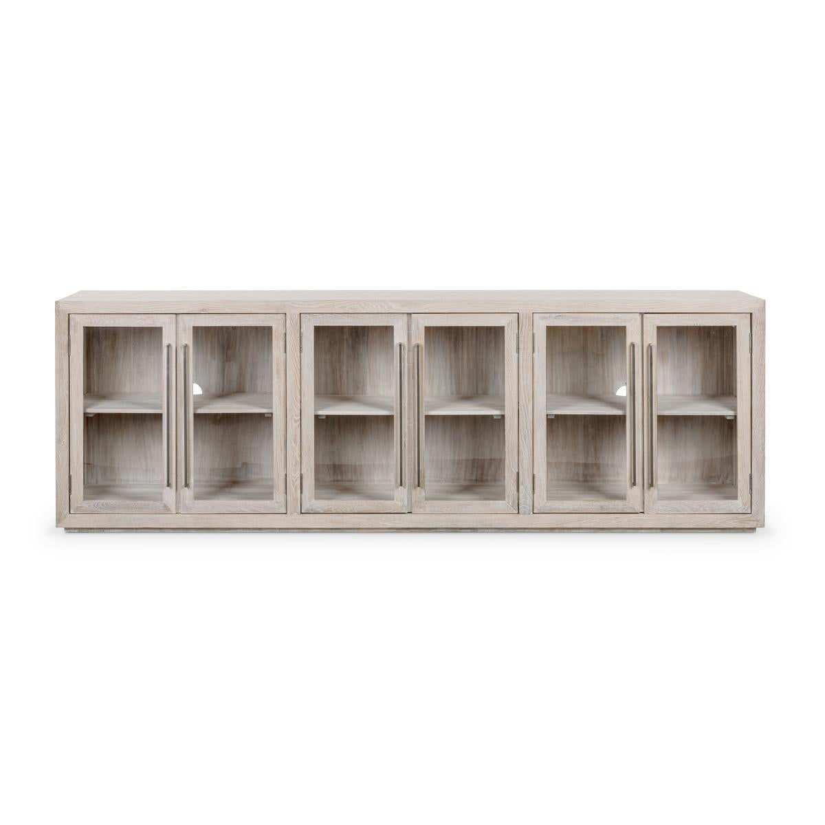 Amy Oak Wood 6 Glass Door Media Cabinet 108"-White Wash