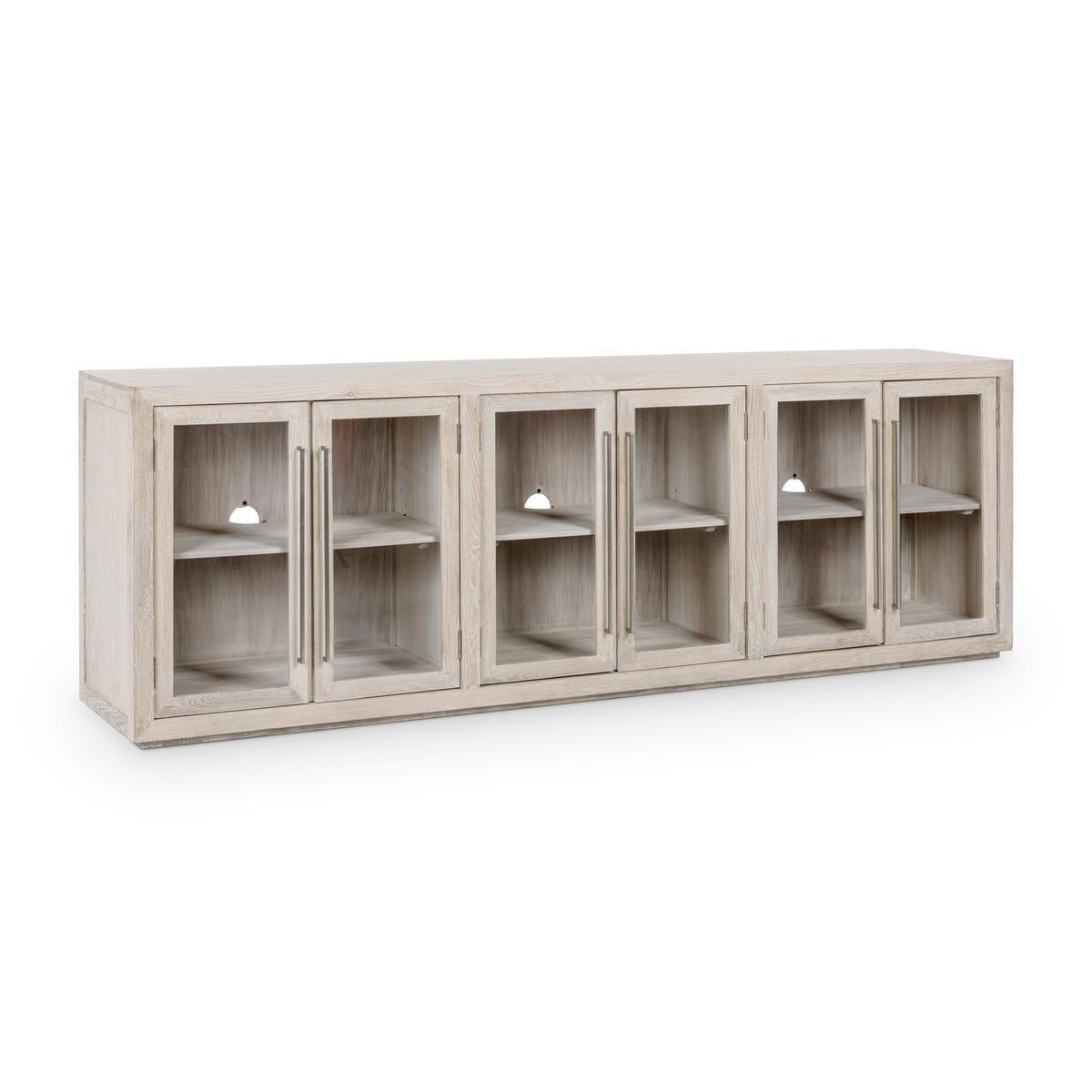 Amy Oak Wood 6 Glass Door Media Cabinet 108"-White Wash