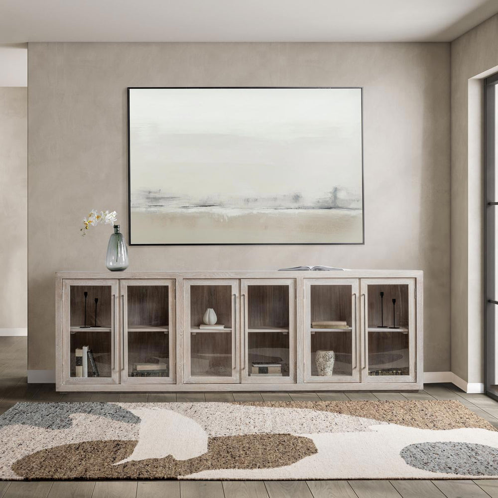Amy Oak Wood 6 Glass Door Media Cabinet 108"-White Wash