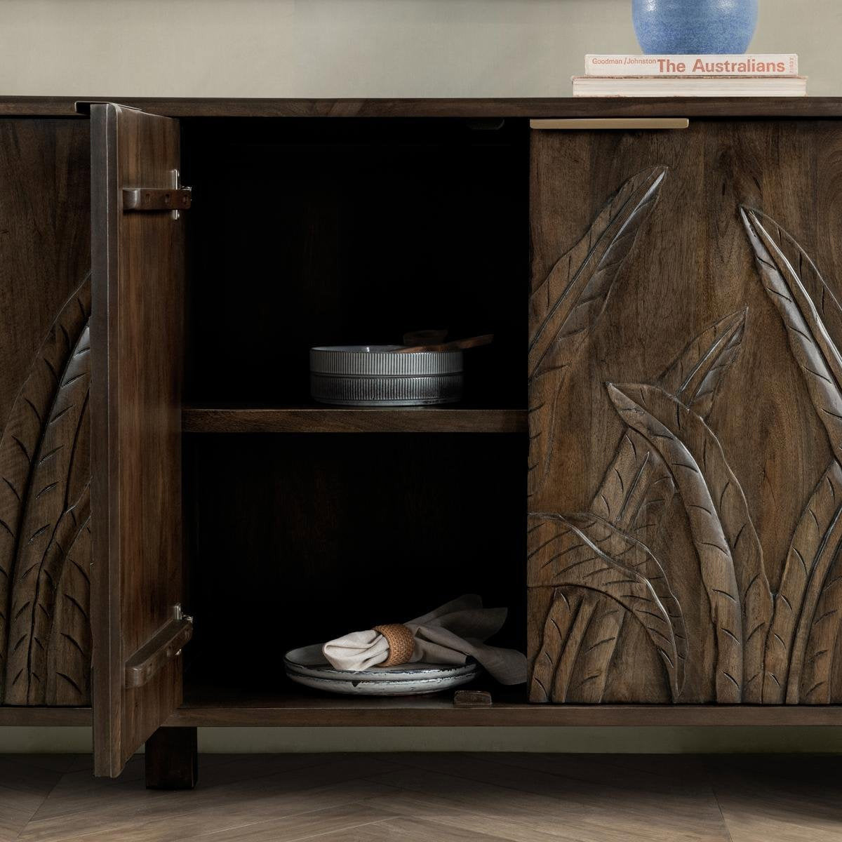 Ledro Solid Wood 4Dr Cabinet - Dark Brown