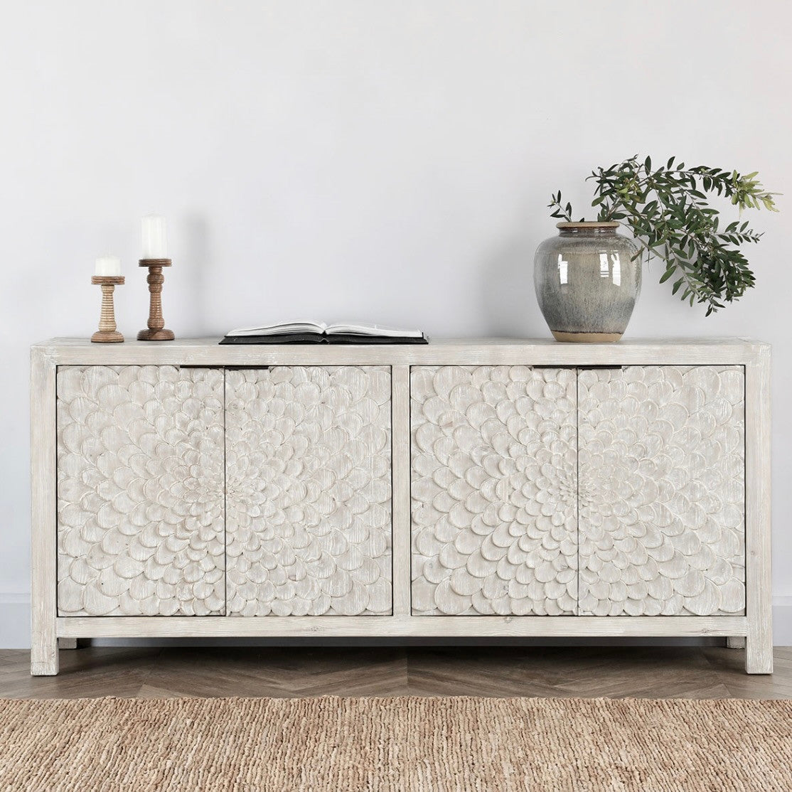 Astrid 4-Door Reclaimed Wood Sideboard in Vintage Cream 86"
