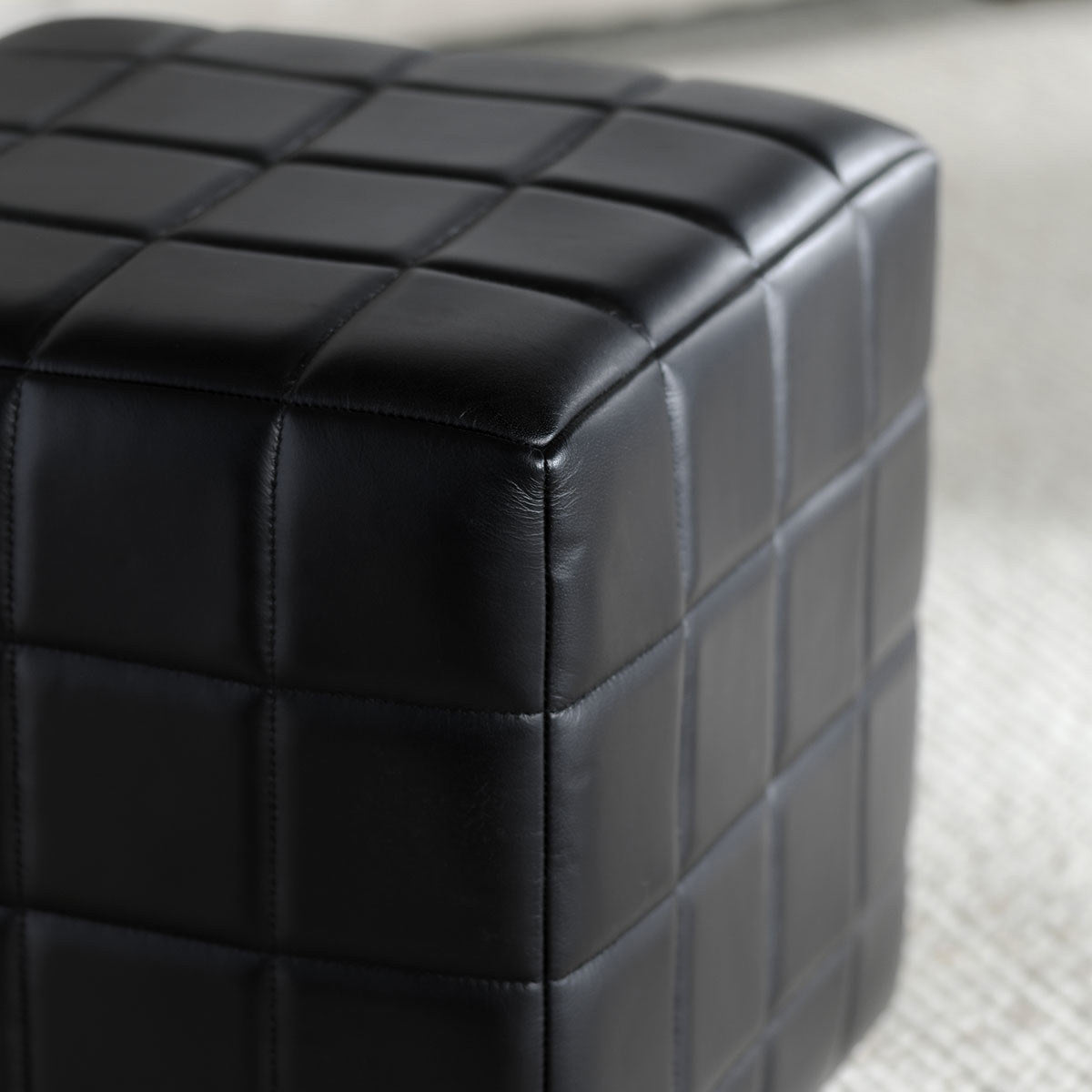 Carlo Leather Square Ottoman - Jet Black
