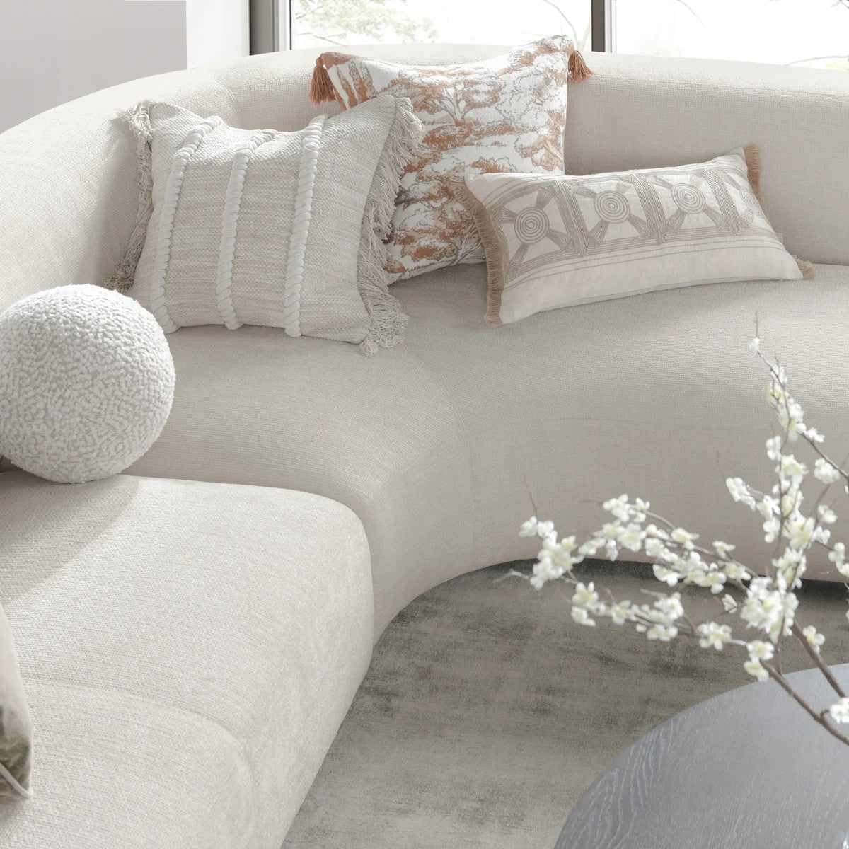 Anniston Ivory Upholstered 2pc RAF Curved Sectional Sofa 126"