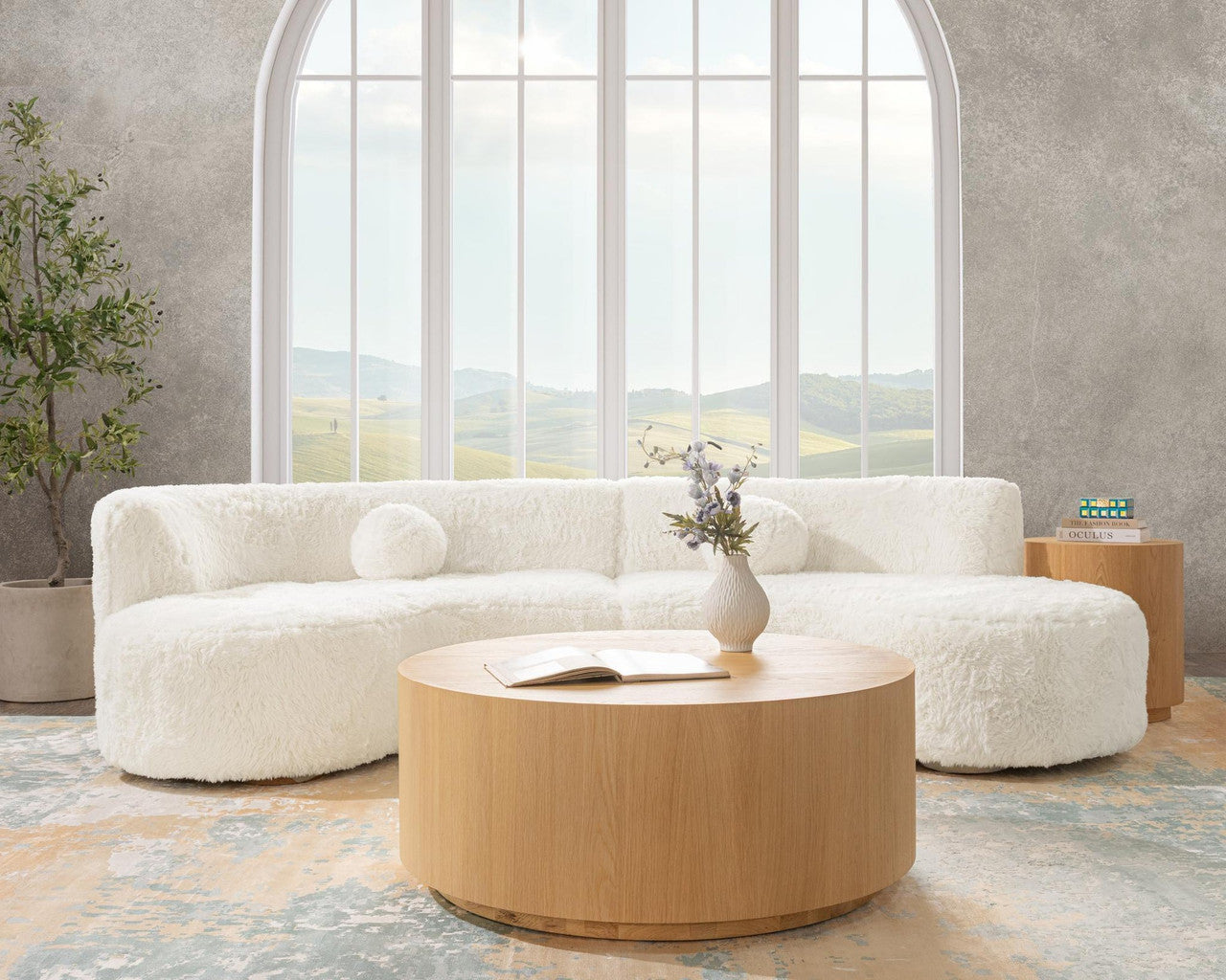 Octavia Vanilla Fur Upholstered 2-Piece Curved Sectional Sofa