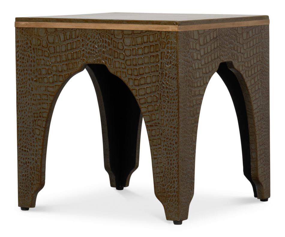 Croco Embossed Leather Stool, Ant. Green by Sarreid Ltd - view 9