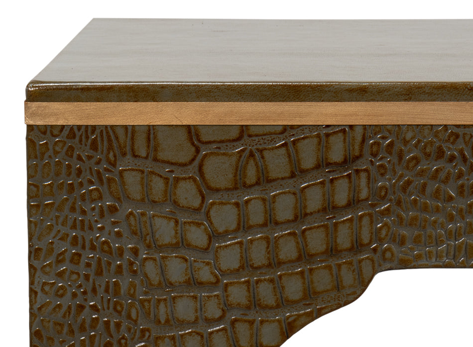 Croco Embossed Leather Stool, Ant. Green by Sarreid Ltd - view 11