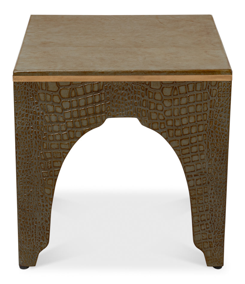Croco Embossed Leather Stool, Ant. Green by Sarreid Ltd - view 2