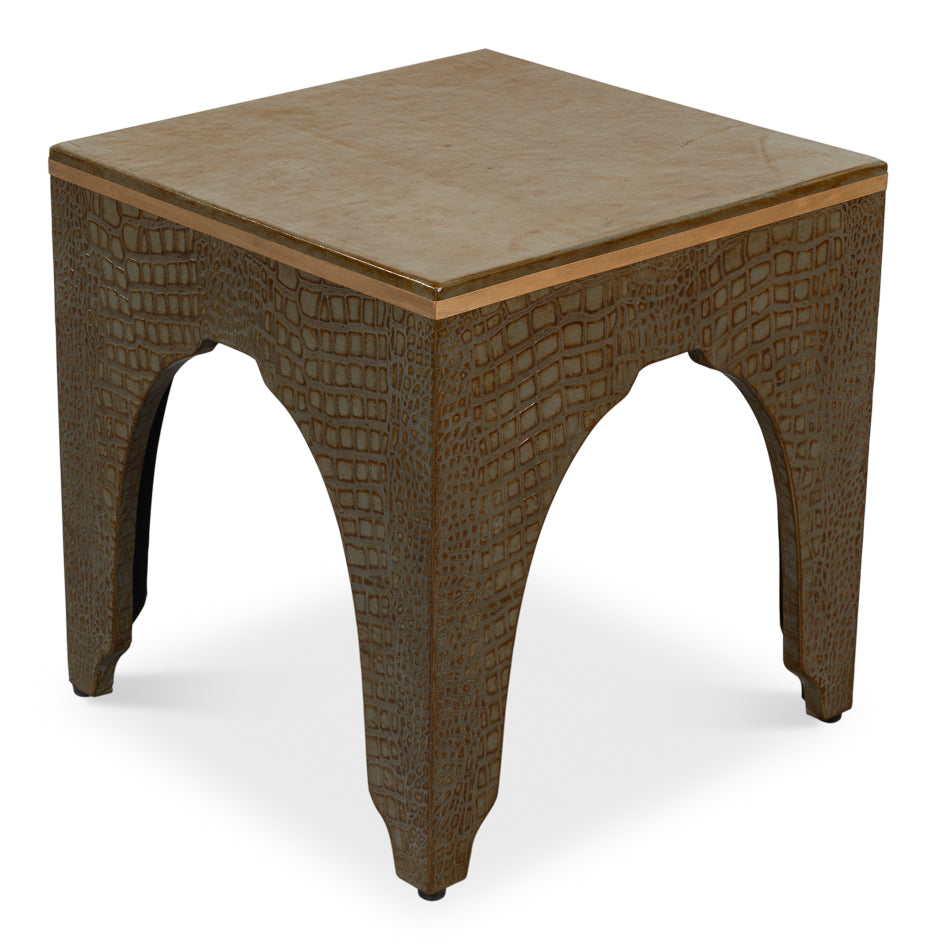 Croco Embossed Leather Stool, Ant. Green by Sarreid Ltd - view 3