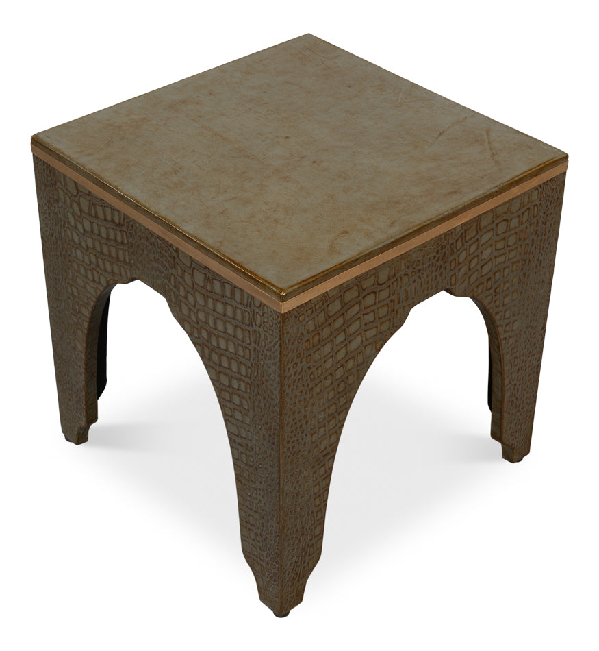 Croco Embossed Leather Stool, Ant. Green by Sarreid Ltd - view 4