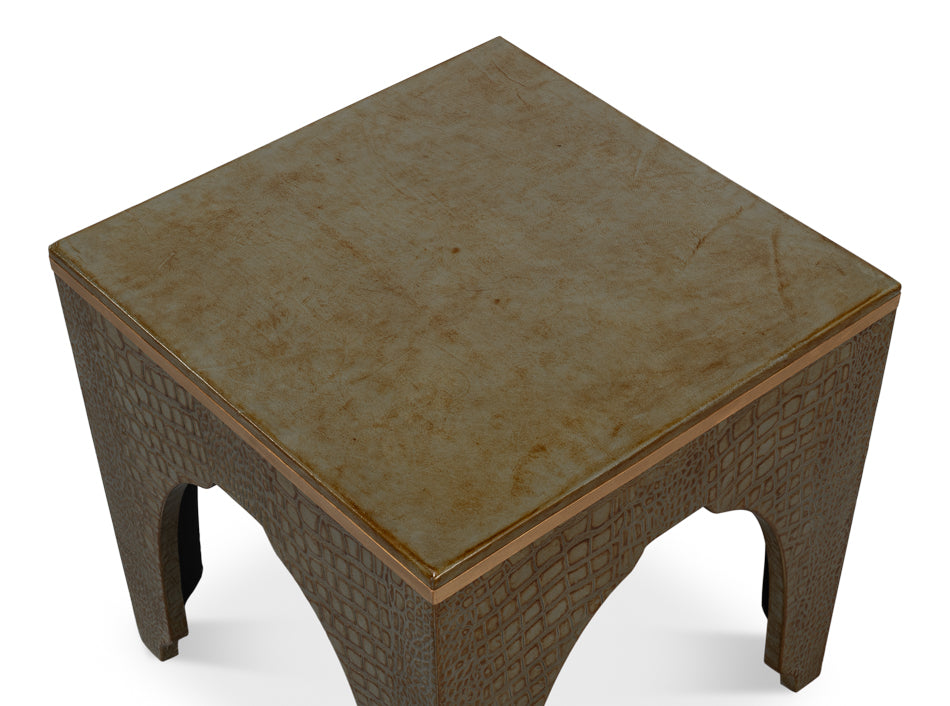 Croco Embossed Leather Stool, Ant. Green by Sarreid Ltd - view 5