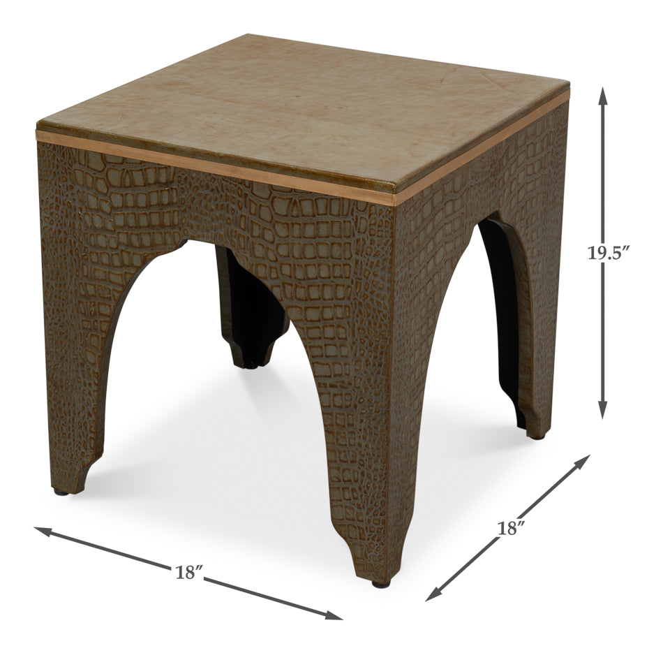Croco Embossed Leather Stool, Ant. Green by Sarreid Ltd - view 7