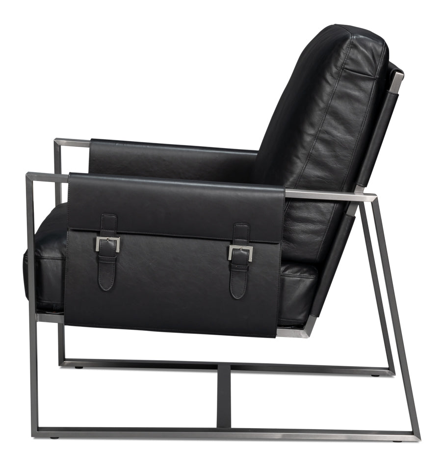 Edmonds Distilled Leather Chair,Onyx Blk by Sarreid Ltd - view 3