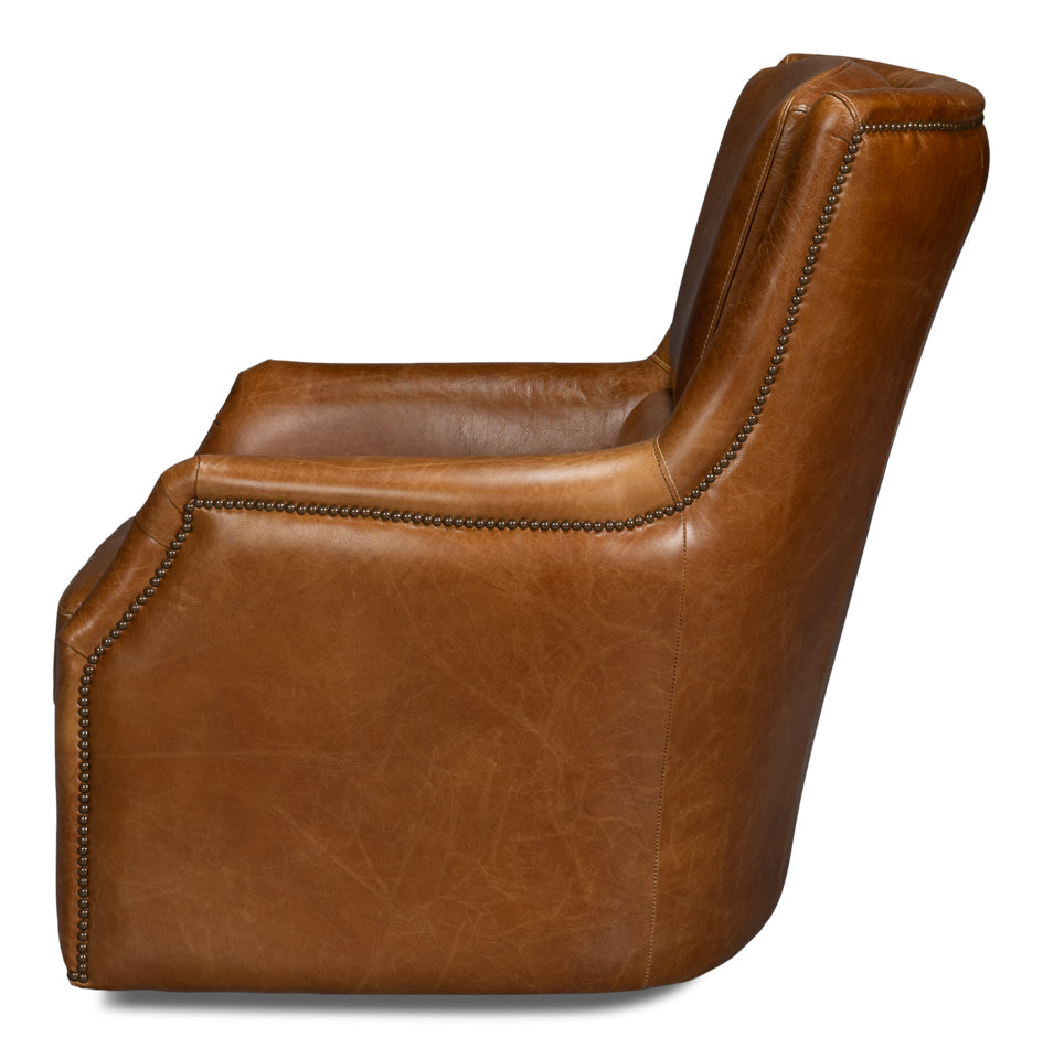 Baker Leather Swivel Chair, Cuba Brown by Sarreid Ltd - view 3
