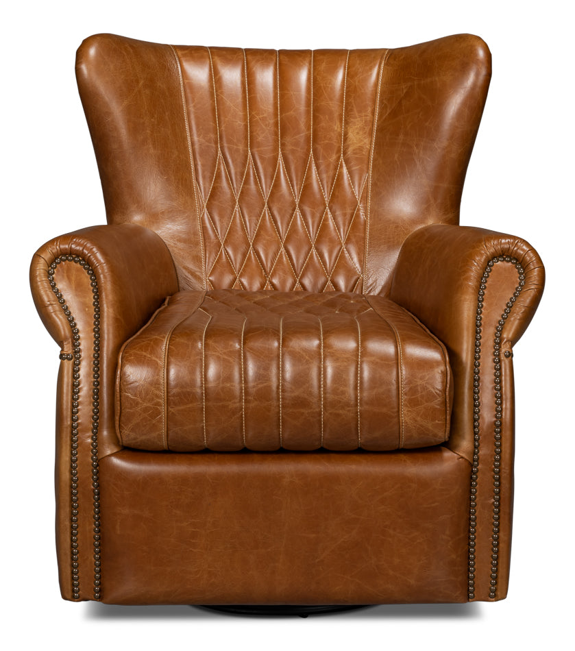 Bugatti Leather Swivel Chair, Cuba Brown by Sarreid Ltd - view 2
