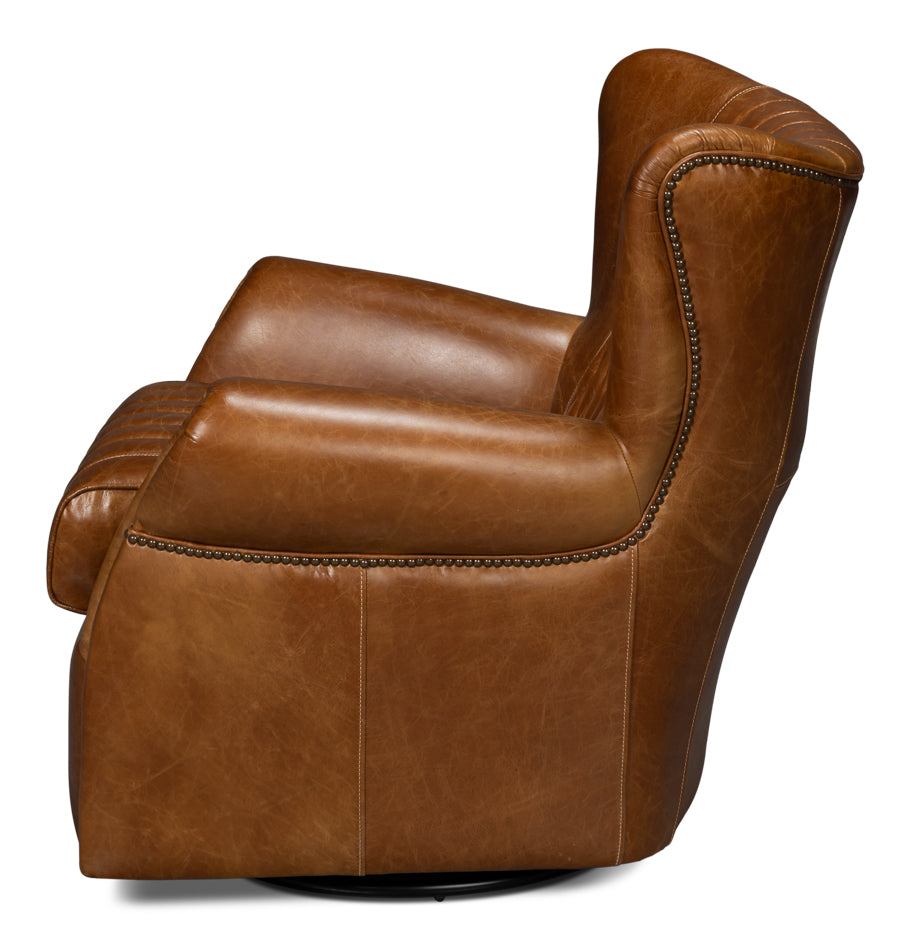 Bugatti Leather Swivel Chair, Cuba Brown by Sarreid Ltd - view 3