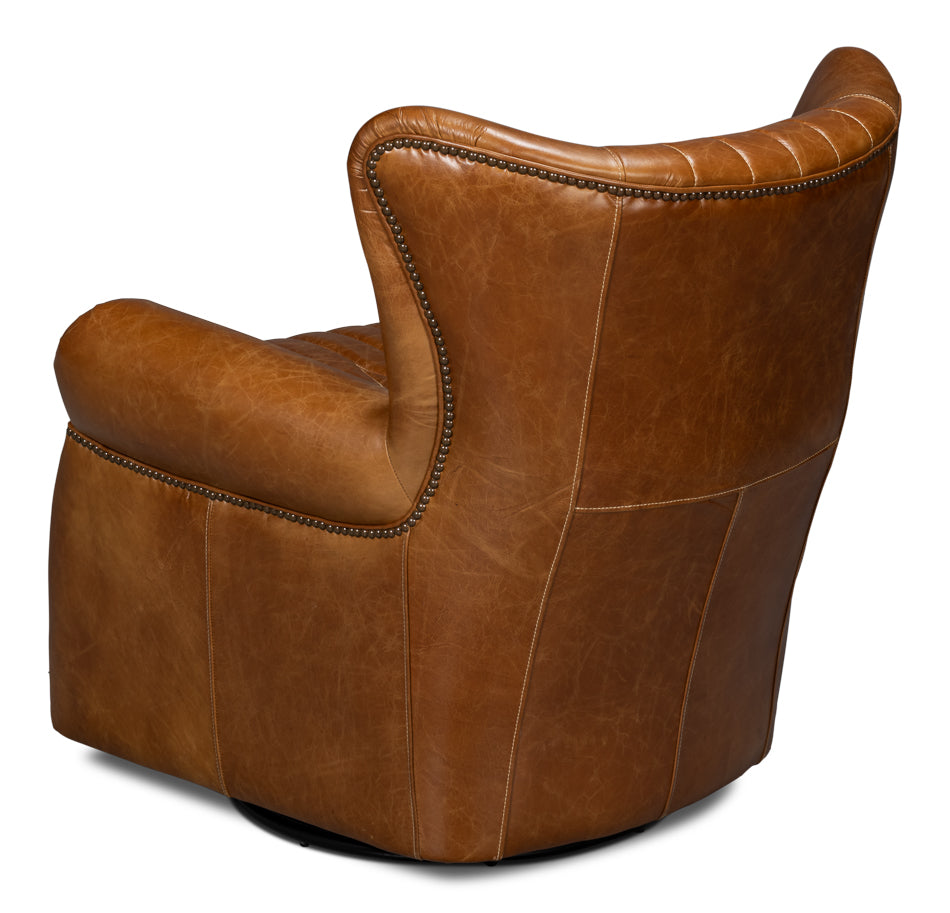 Bugatti Leather Swivel Chair, Cuba Brown by Sarreid Ltd - view 5
