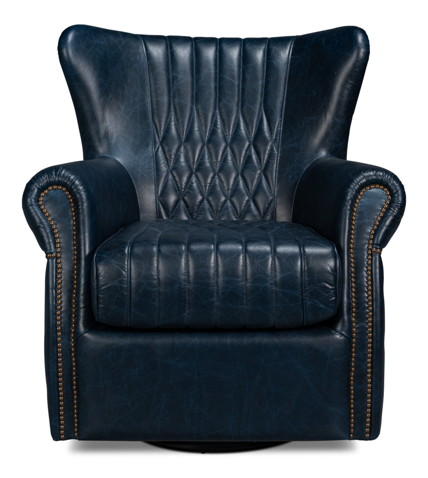 Bugatti Leather Swivel Chair, Blue by Sarreid Ltd - view 2