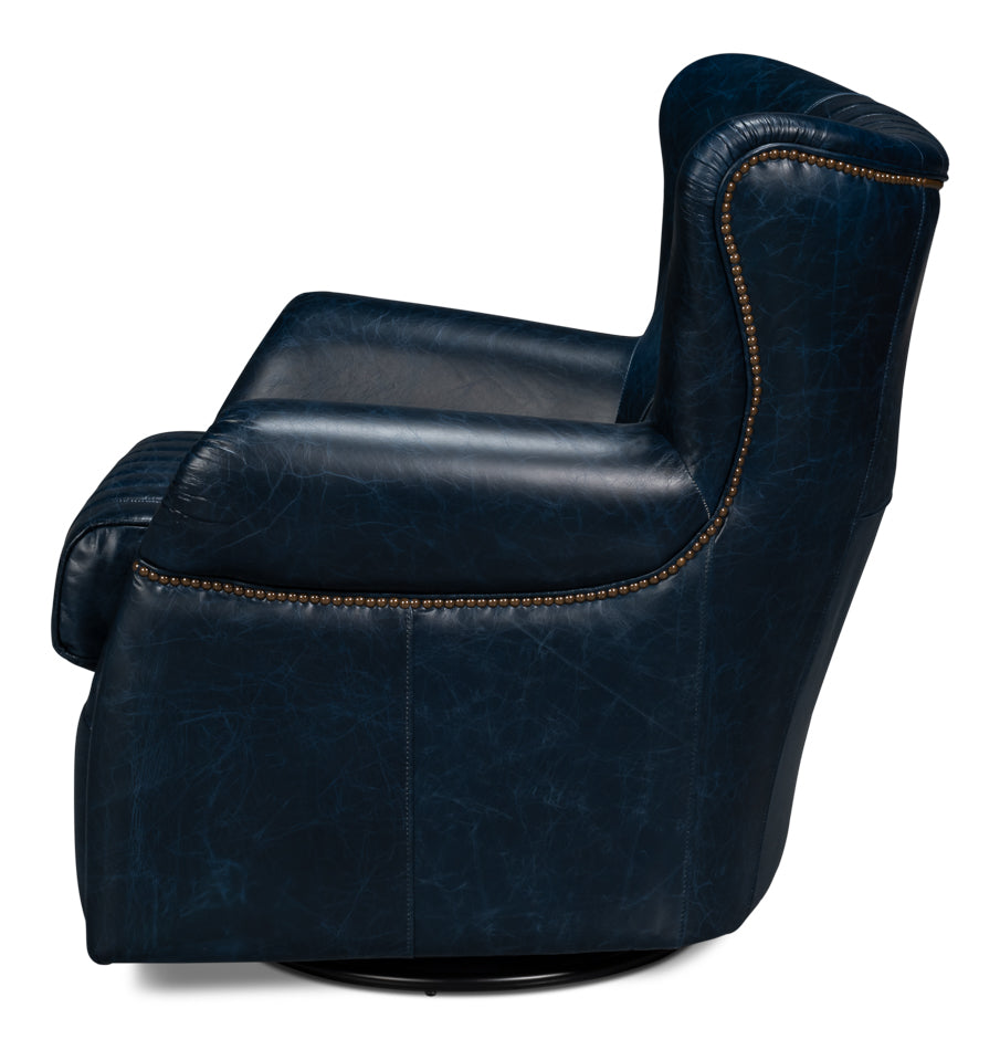 Bugatti Leather Swivel Chair, Blue by Sarreid Ltd - view 3