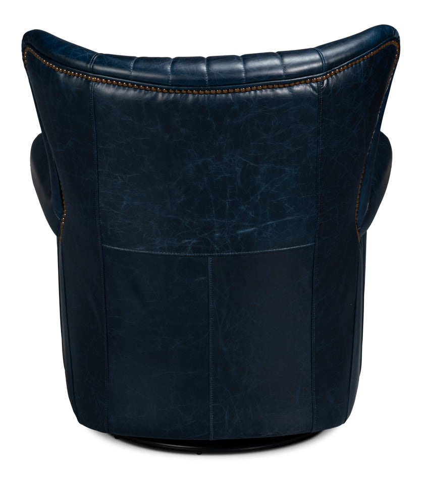 Bugatti Leather Swivel Chair, Blue by Sarreid Ltd - view 4