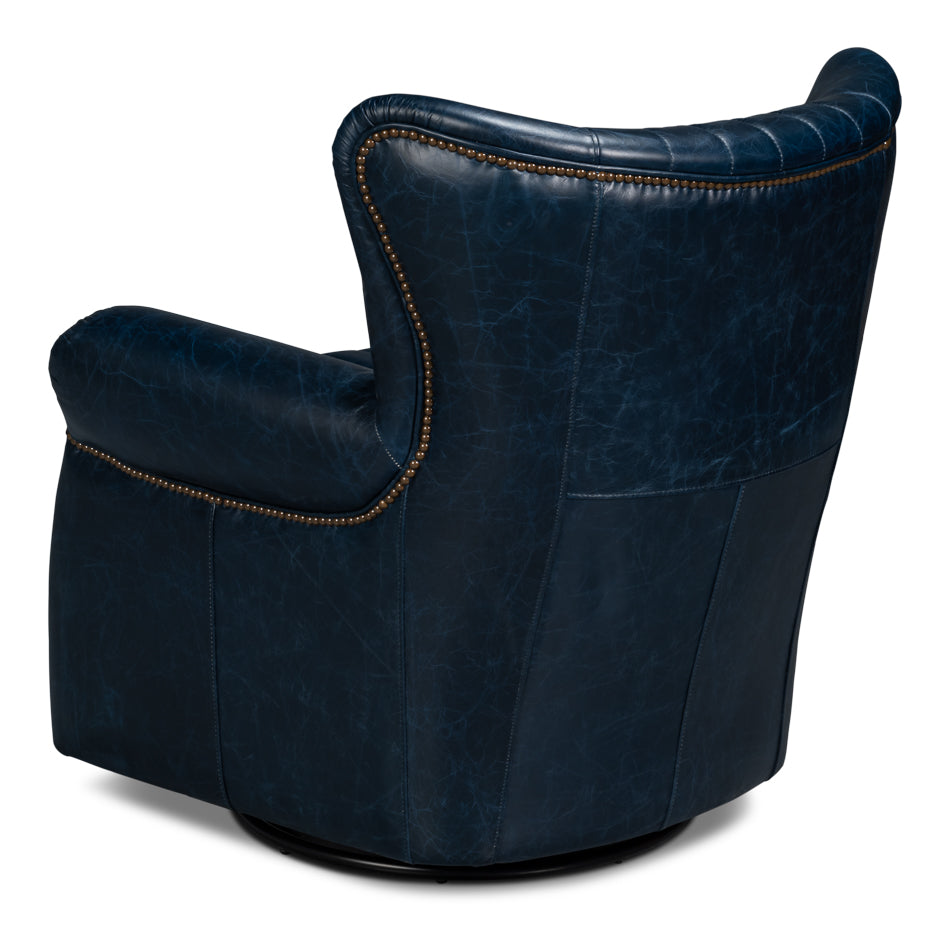 Bugatti Leather Swivel Chair, Blue by Sarreid Ltd - view 5