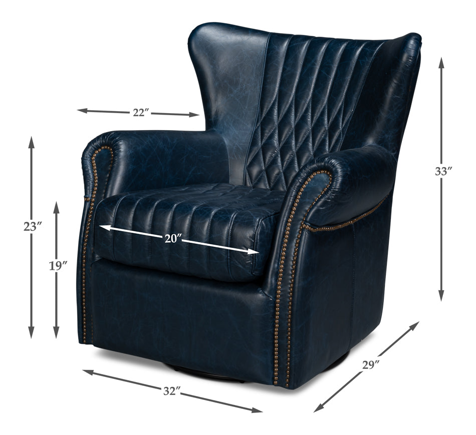 Bugatti Leather Swivel Chair, Blue by Sarreid Ltd - view 7