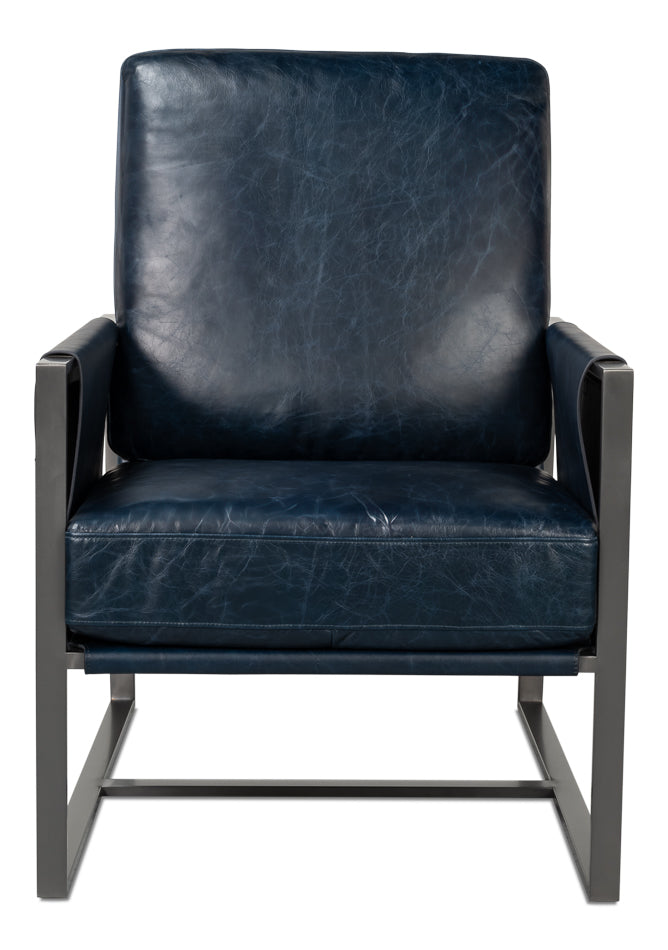 Edmonds Distilled Leather Chair,Blue by Sarreid Ltd - view 2
