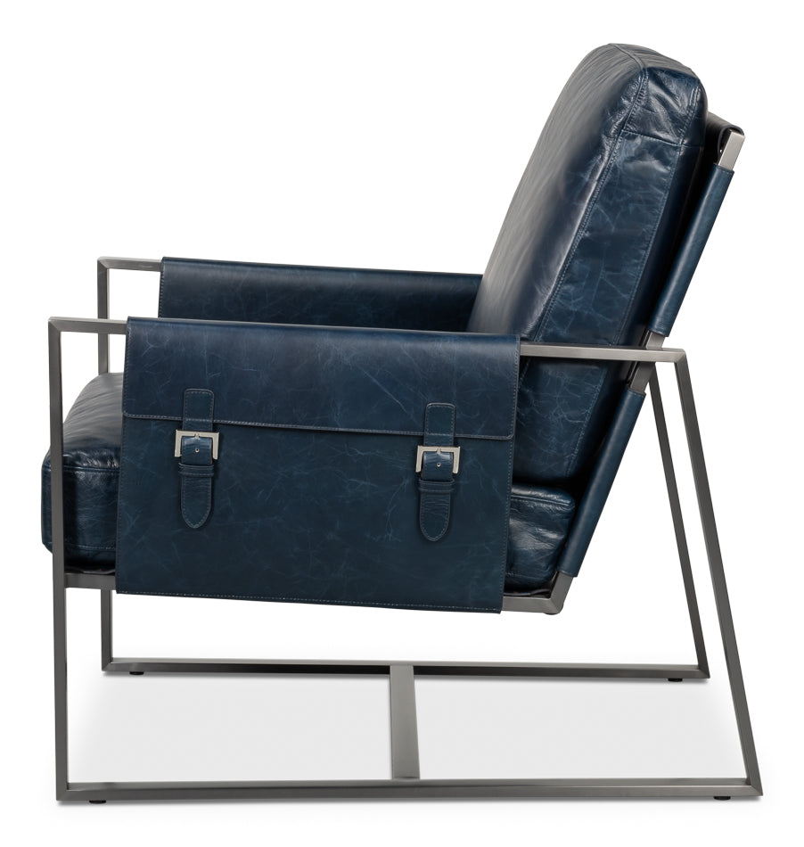 Edmonds Distilled Leather Chair,Blue by Sarreid Ltd - view 3