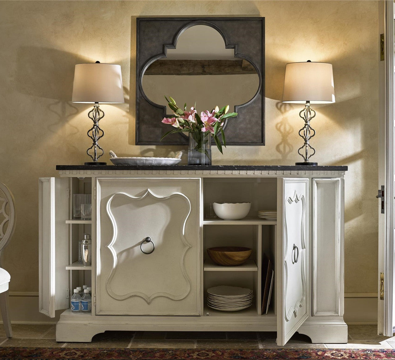Sojourn French Country White Serving Credenza with Bluestone Top