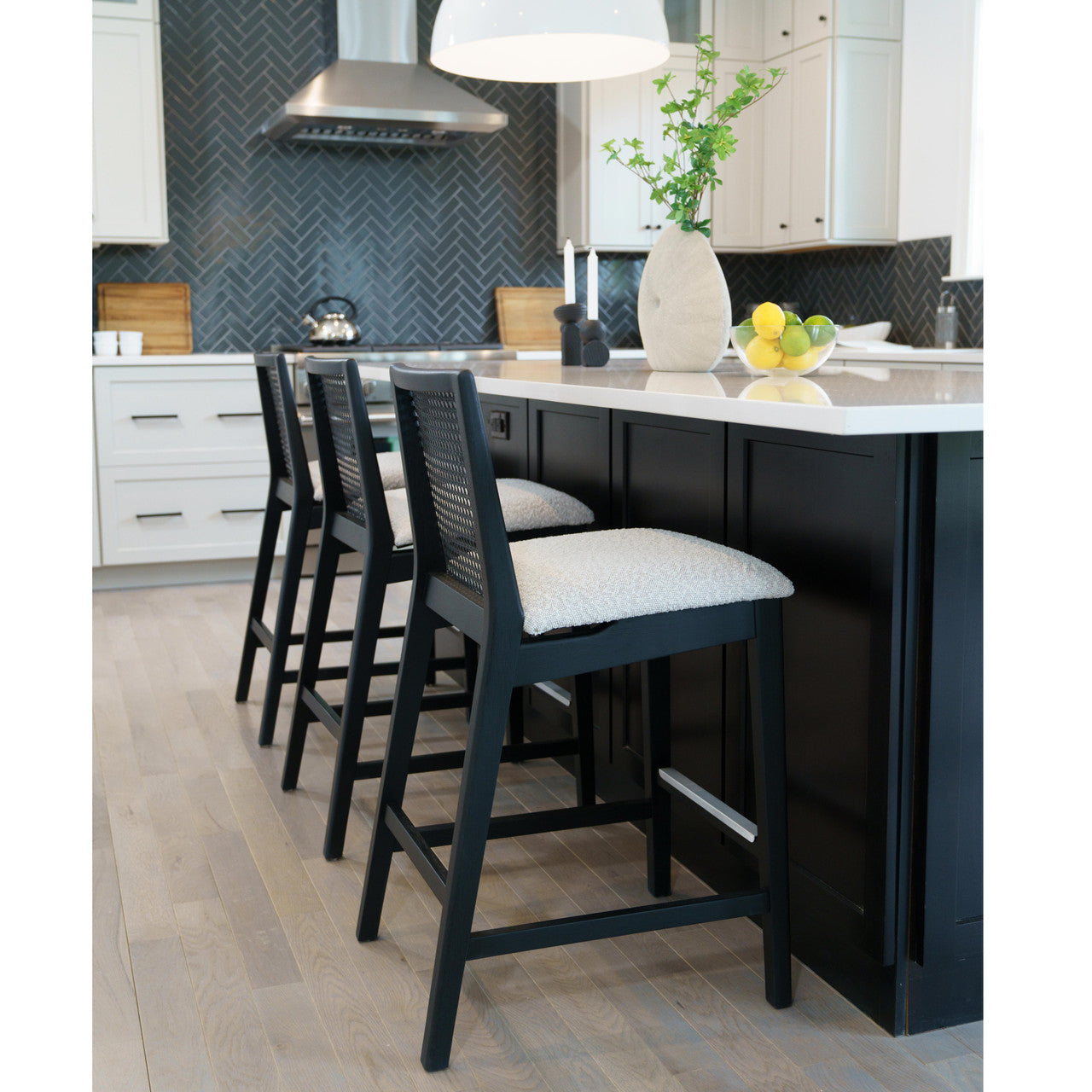 Modern Brazilian - Nardia - Cane Counter Stool - Bouclé Crafted Glaze Seat - Ebano Frame - Ebano Cane Webbing