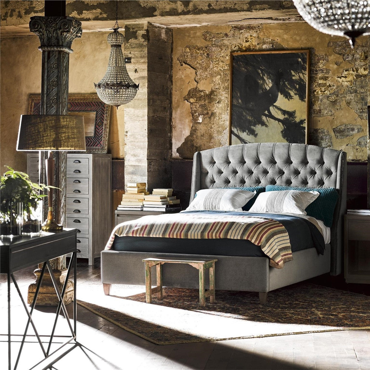 French Printer's Rustic Gray Wood Tall 5-Drawers Chest