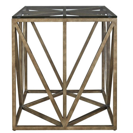 French Industrial Bronze Metal & Glass Square End Table