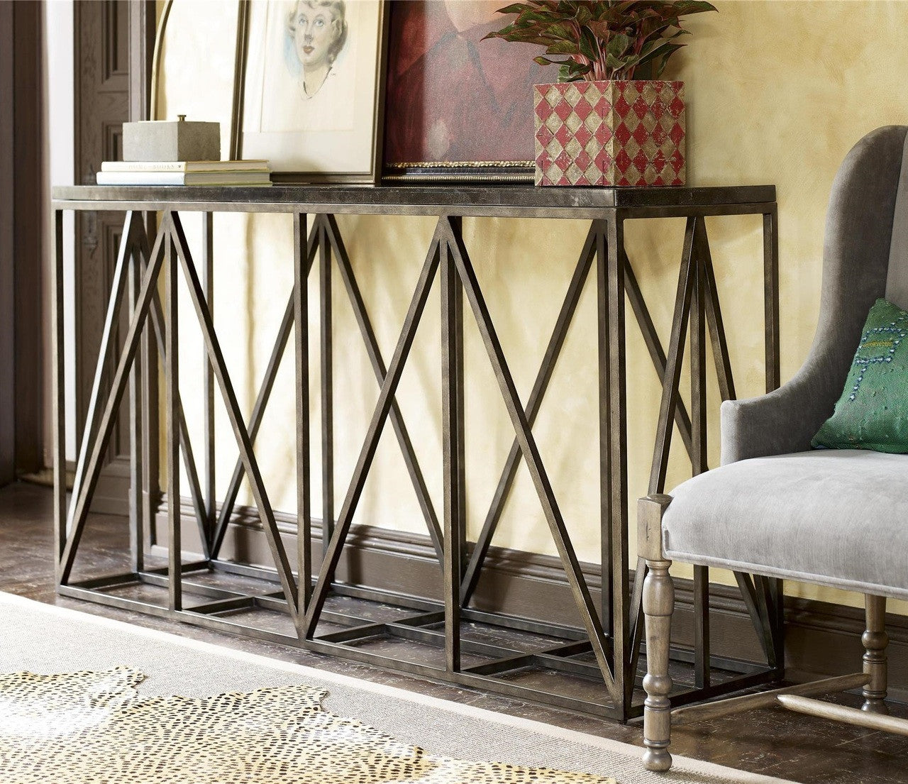 French Industrial Bronze Metal Bluestone Console Tables