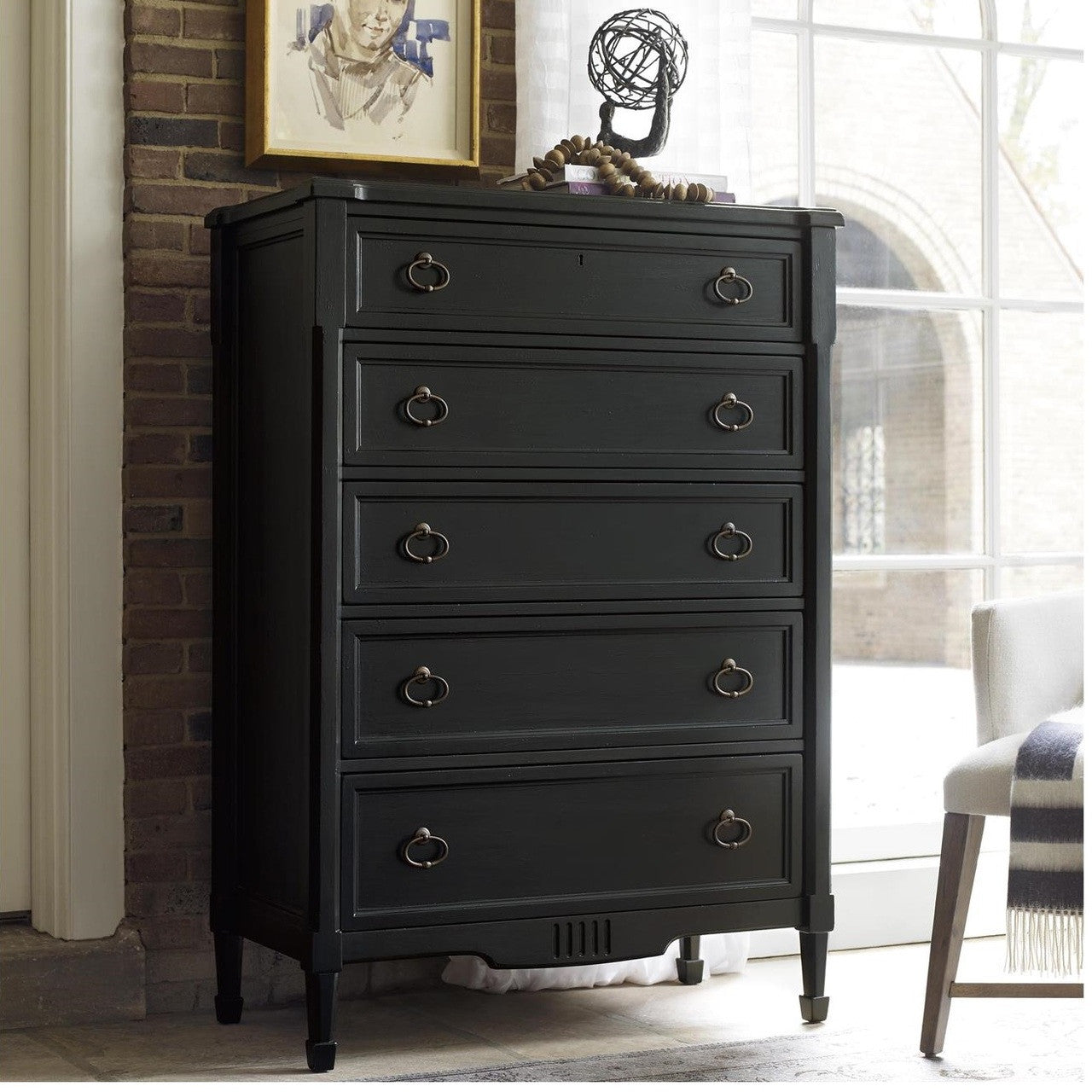 French Louis XVI Black 5 Drawers Tall Chest