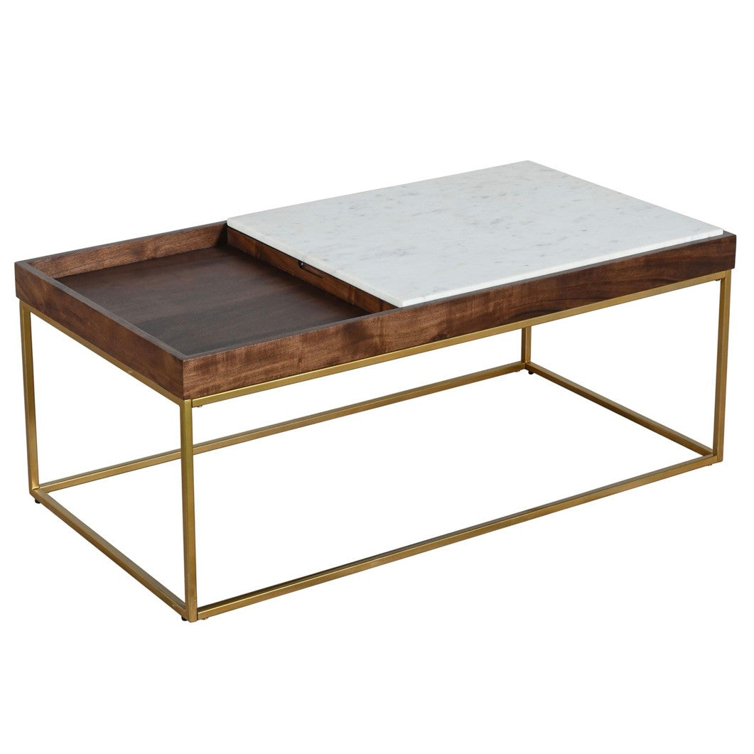 Serene 45" White Marble Coffee Table Walnut