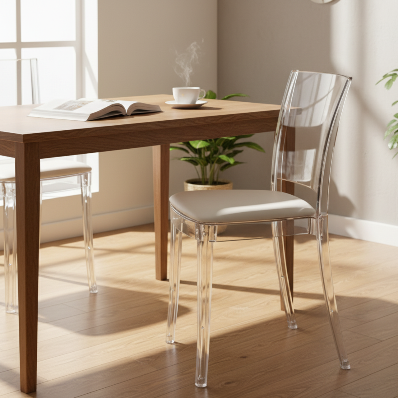 Cristalia Transparent Dining Chair With Ivory Leather Seat