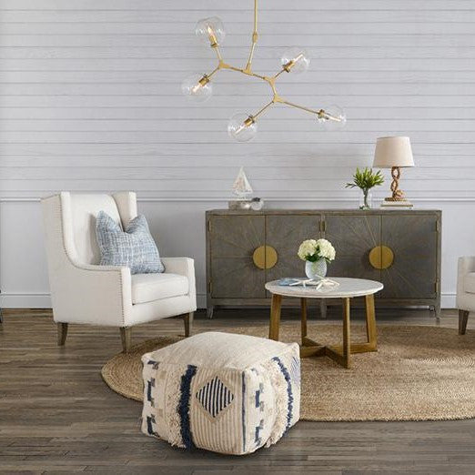 Moroccan Hand-Woven Cream + Navy Pouf