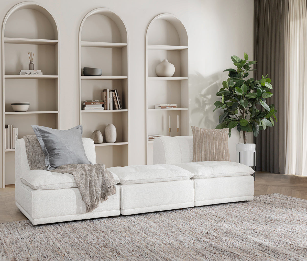 Haven White Upholstered Modular 2pc Sectional w/ Ottoman