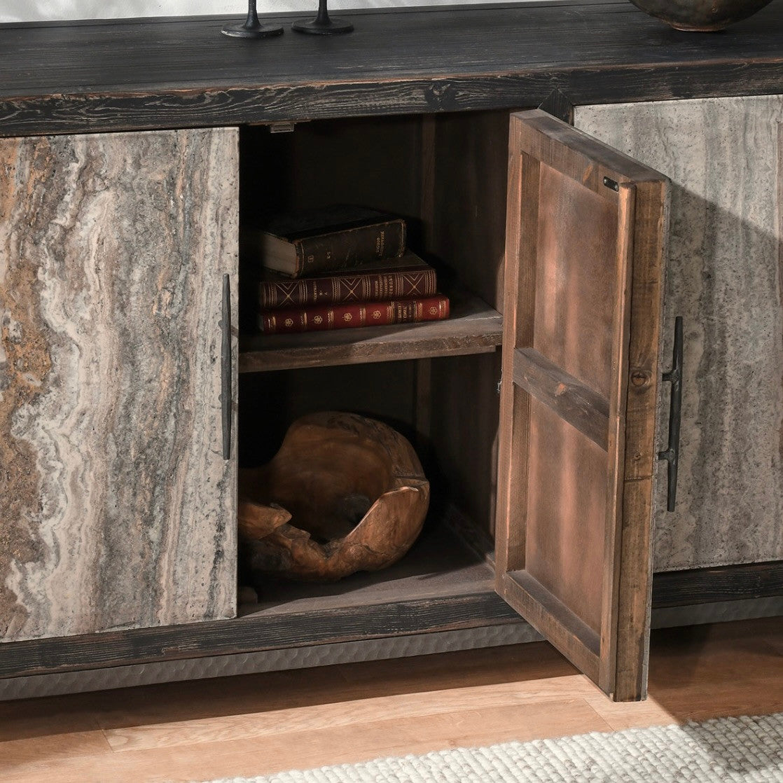 Lisbon 6-Door Reclaimed Wood and Travertine Sideboard 103"