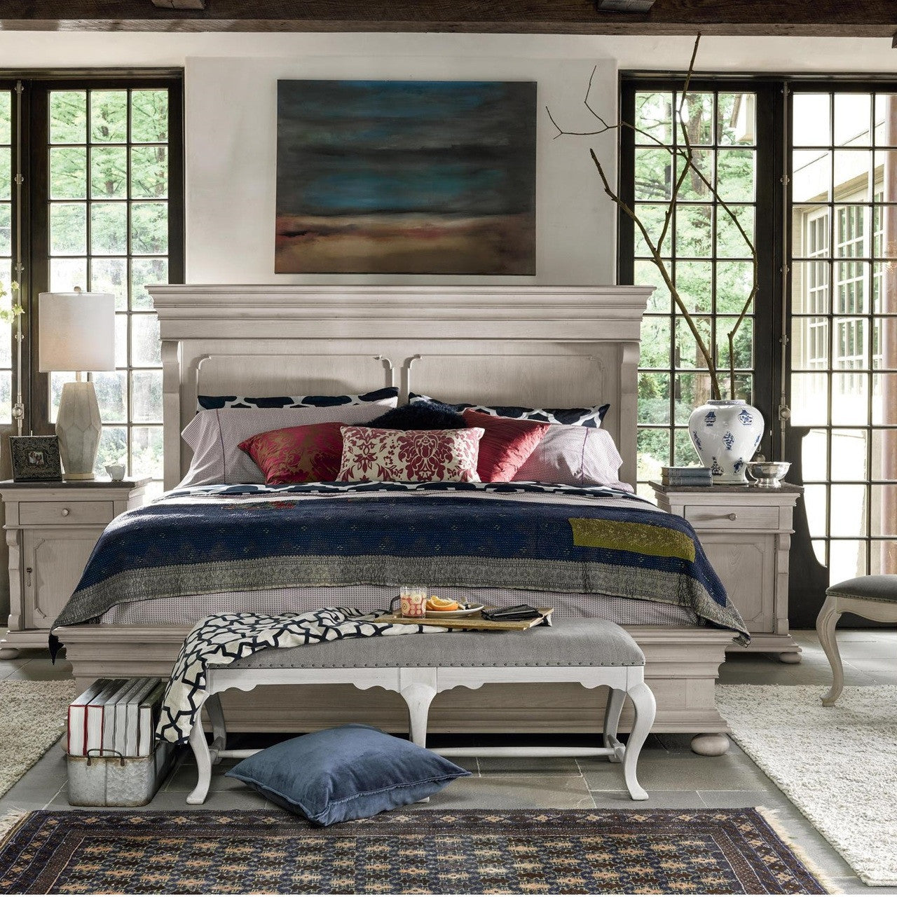 Belgian Mansion Carved Queen Panel Bed - Antiqued White