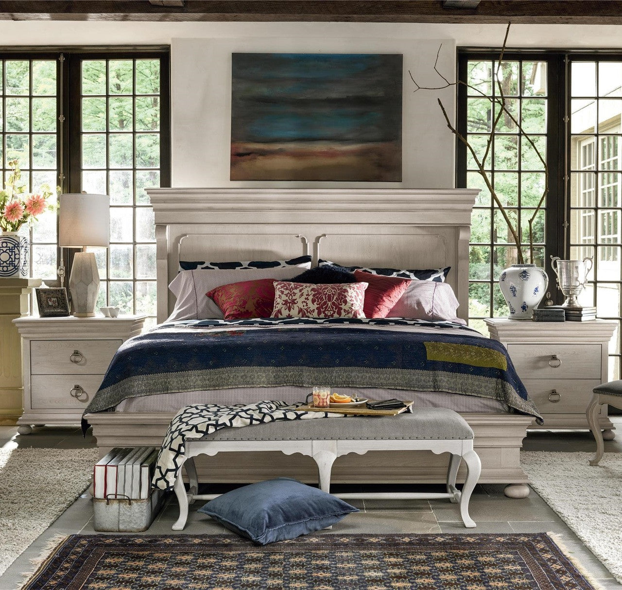 Belgian Mansion Carved King Panel Bed - Antiqued White