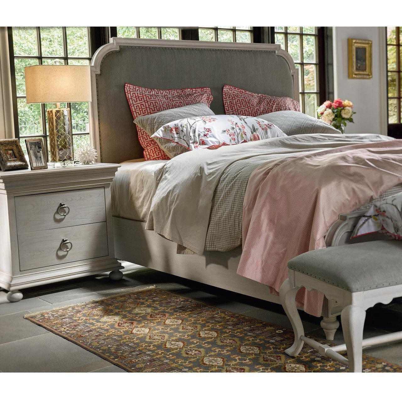 Belgian Cottage Carved Upholstered Queen Size Panel Bed Frames