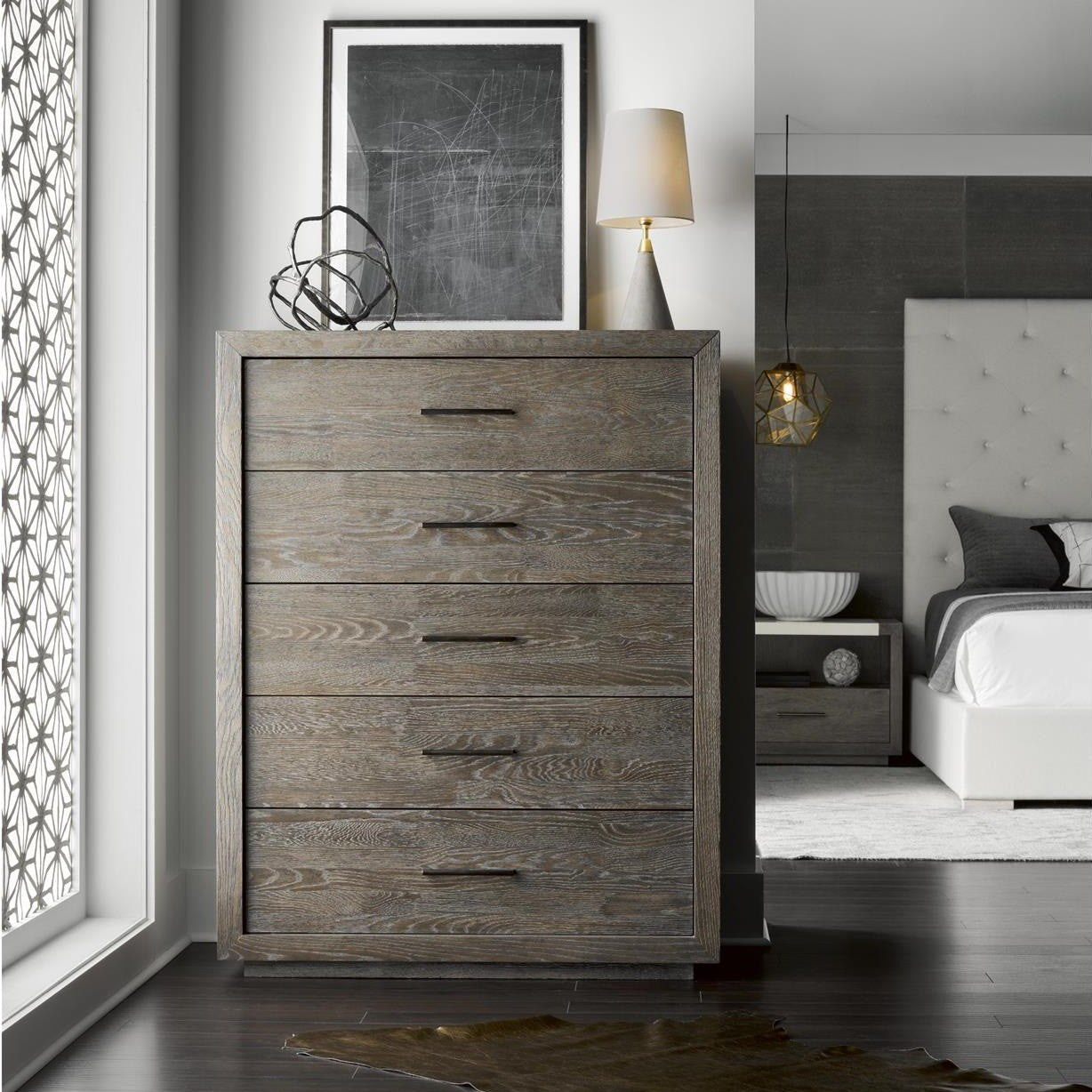 Wilshire Modern Grey Oak Wood 5 Drawers Tall Chest