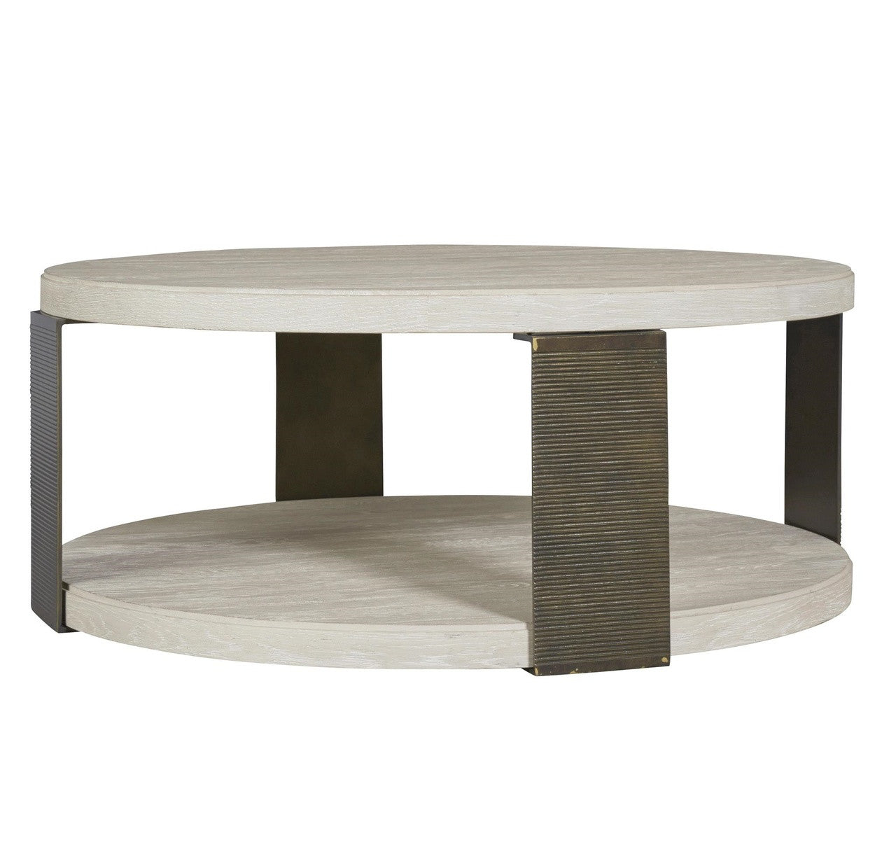 Modern Grey Oak Wood + Bronze Metal Wilder Round Cocktail Table