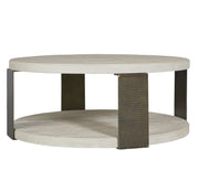 Modern Grey Oak Wood + Bronze Metal Wilder Round Cocktail Table