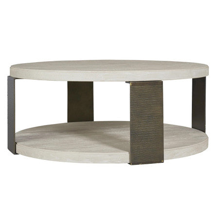Modern Grey Oak Wood + Bronze Metal Round Cocktail Table