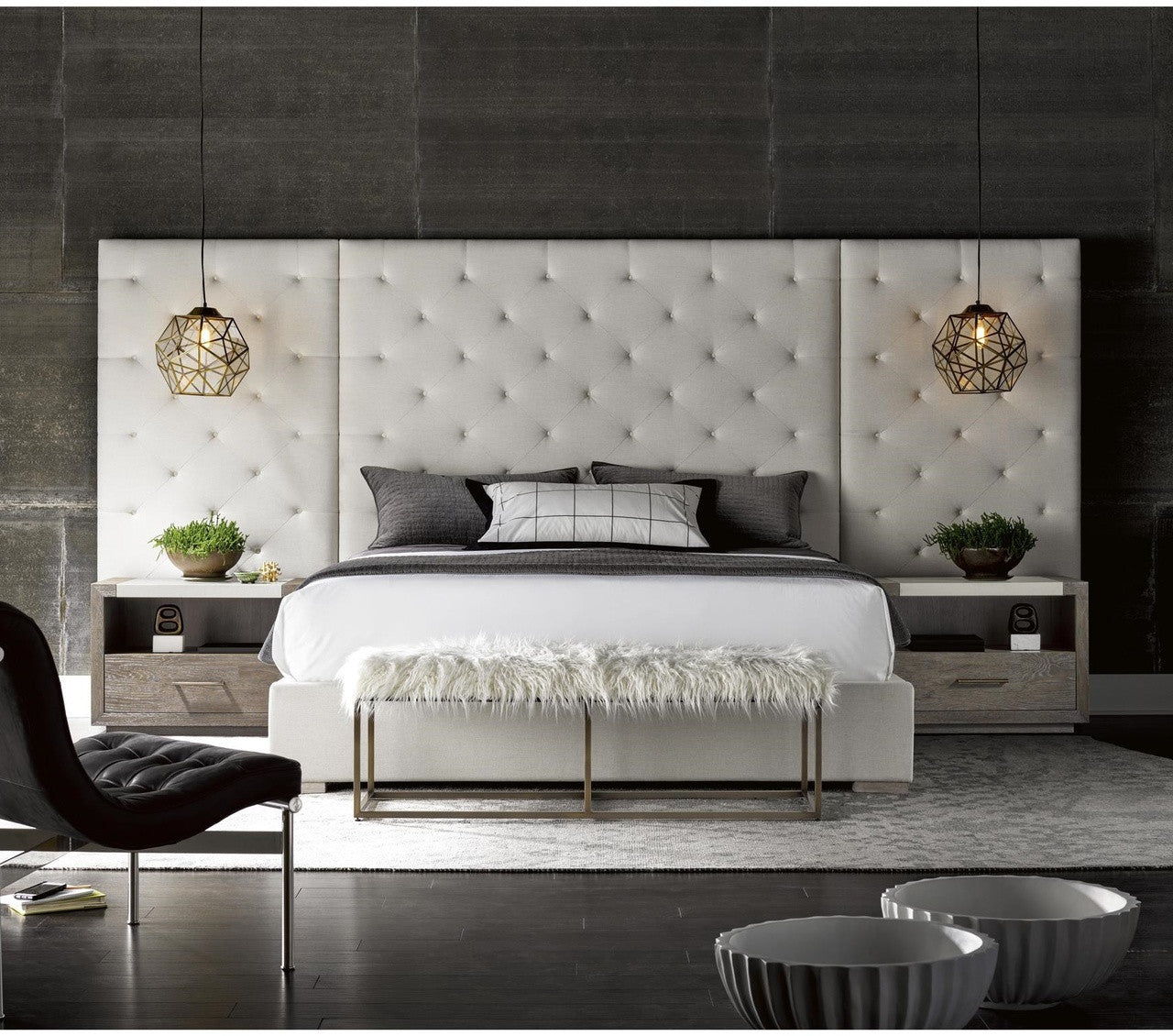 Modern Box-Tufted Extended Headboard Fabric Platform Bed - King Size