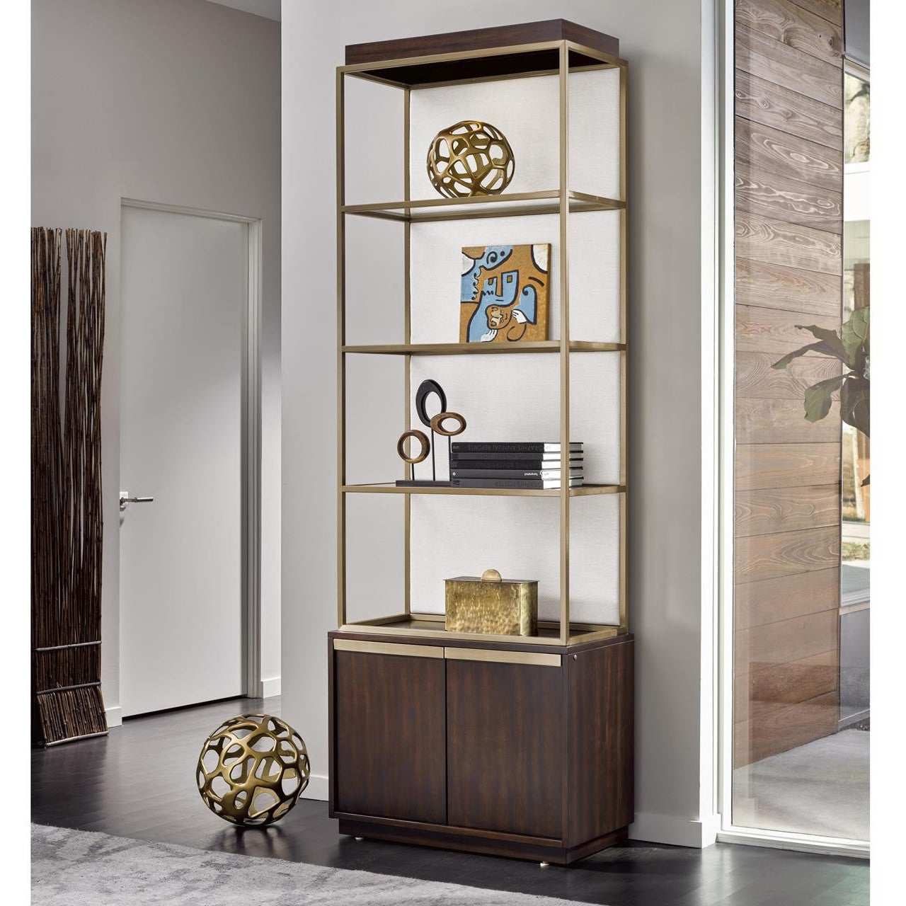 Gibson Upholstered Back Brushed Gold bookcase with cabinet
