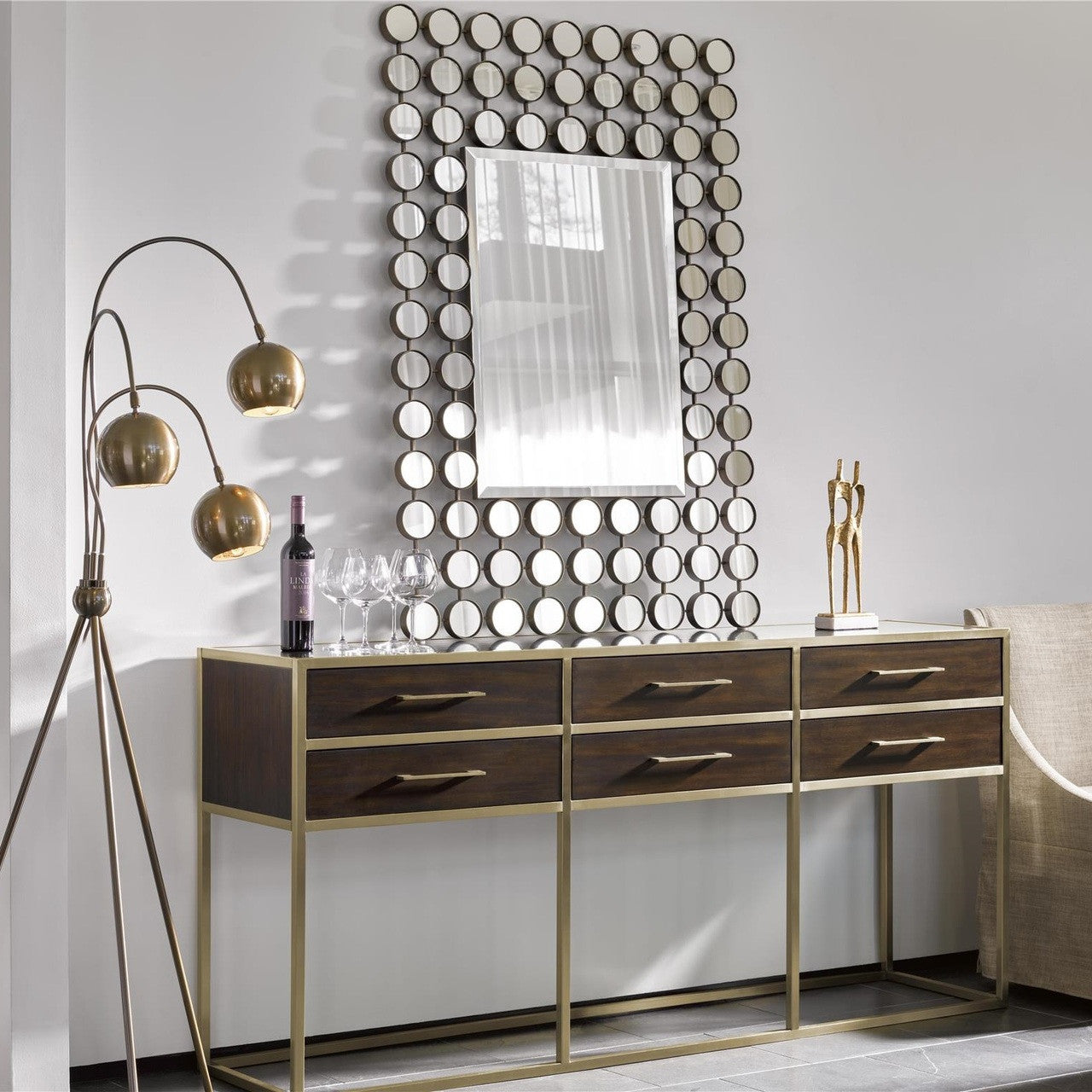 Gibson Modern Brushed Gold Mahogany 6 Drawers Console Table