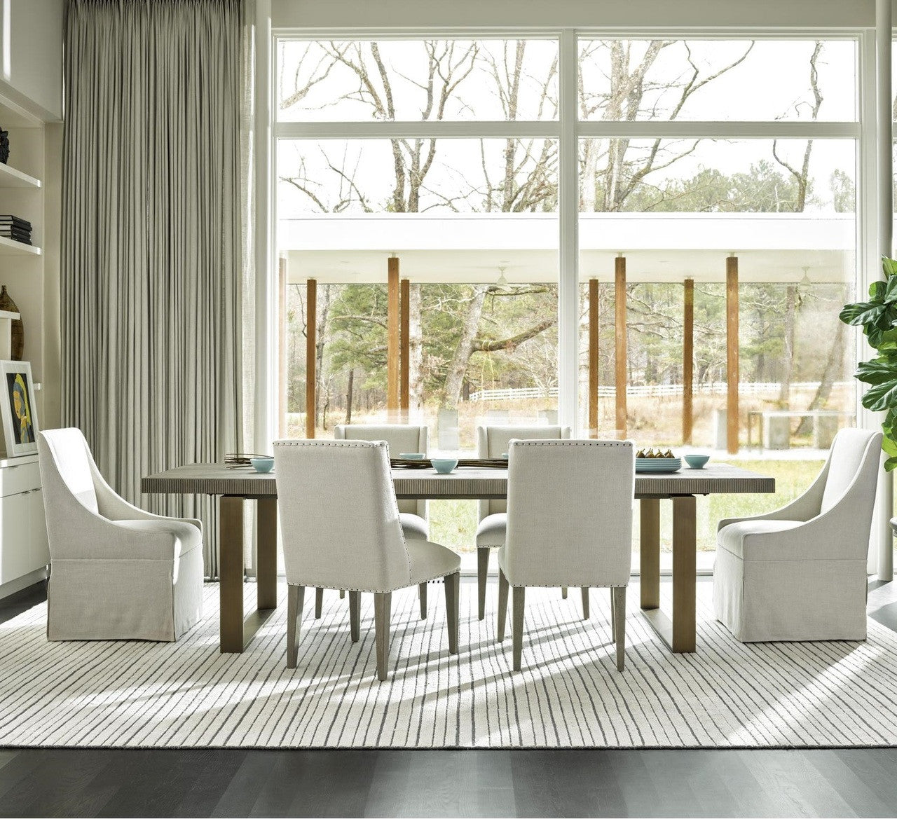 Robards Modern Gray Oak Wood + Bronze Base Extension Dining Table 84"